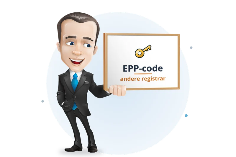Mascotte van Mangelot Hosting presenteert een sleutel: met de EPP-code verhuist u naar een andere registrar