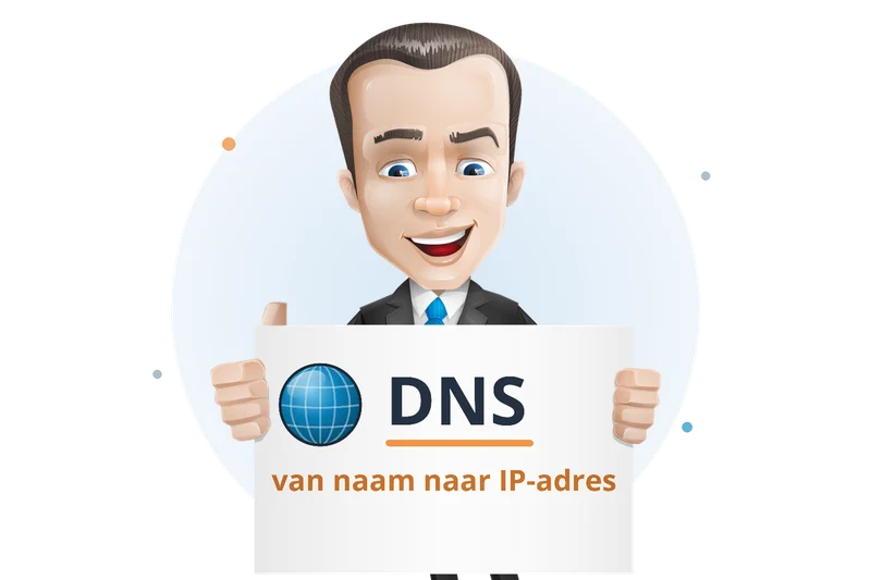 Mascotte van Mangelot Hosting houdt een bord omhoog: DNS vertaalt een naam naar een IP-adres