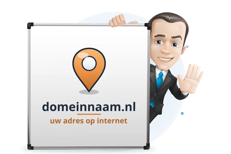 Mascotte van Mangelot Hosting bij een whiteboard met een locatiepin: domeinnaam.nl is uw adres op internet