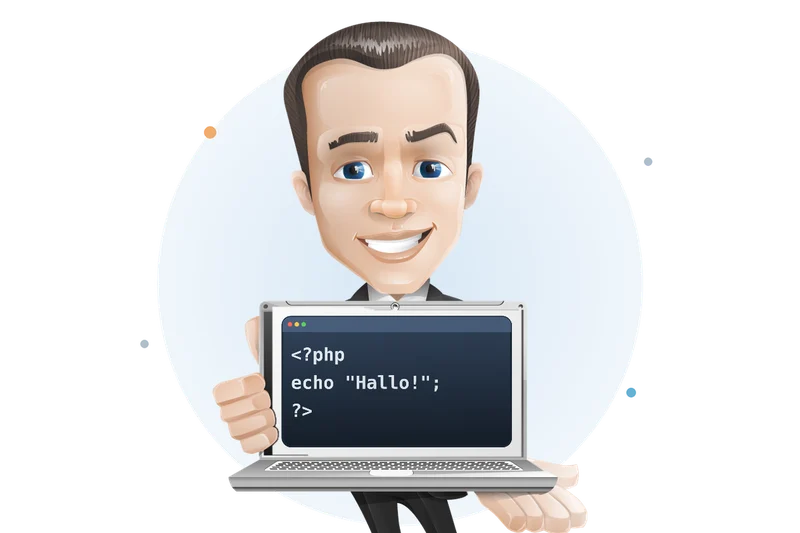 Mascotte van Mangelot Hosting houdt een laptop vast met een klein PHP-script