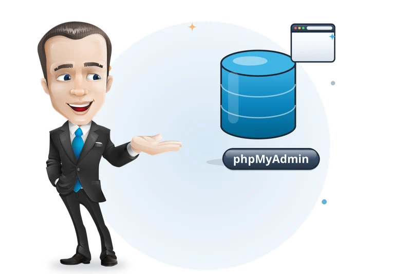 Mascotte van Mangelot Hosting presenteert een database met phpMyAdmin in de browser