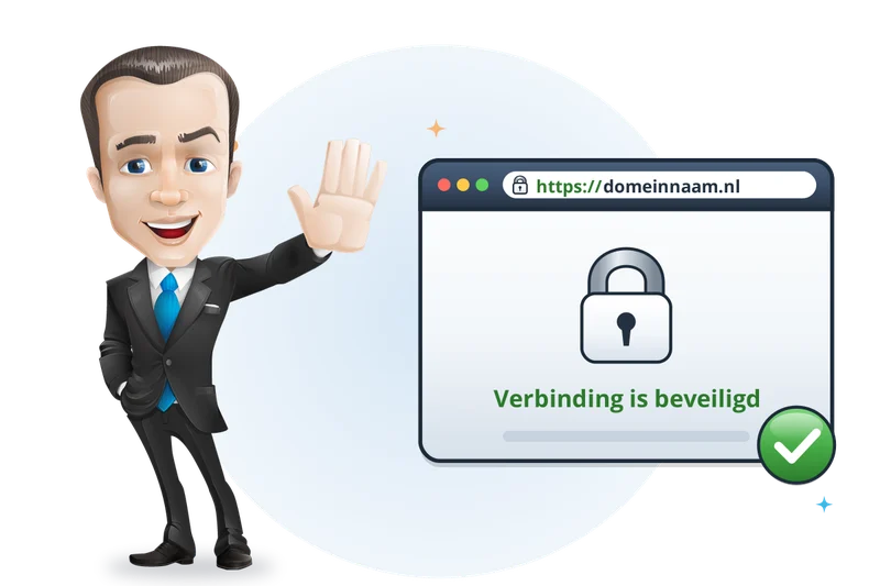 Mascotte van Mangelot Hosting zwaait naast een browser met een hangslot: de verbinding is beveiligd