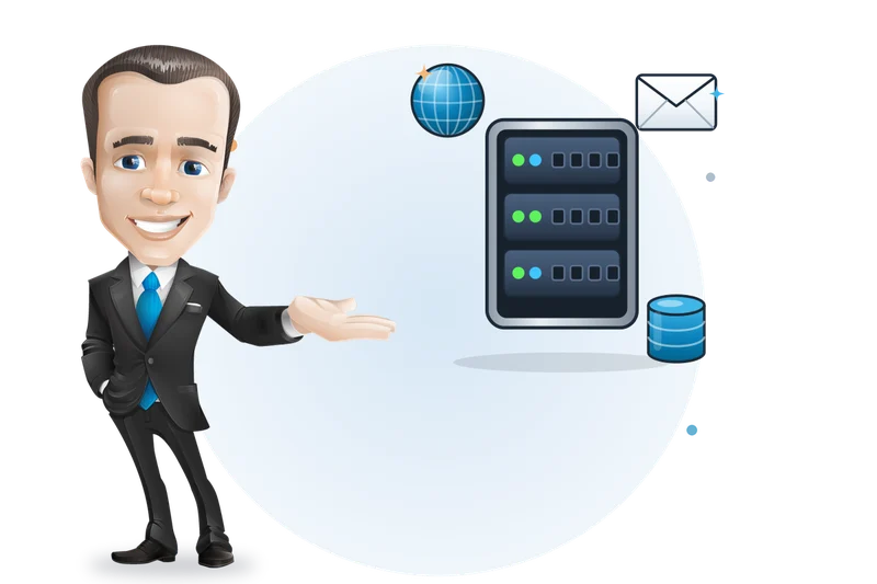 Mascotte van Mangelot Hosting presenteert een server met daarop website, e-mail en database