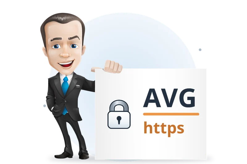 Mascotte van Mangelot Hosting houdt een bord omhoog met een hangslot, AVG en https