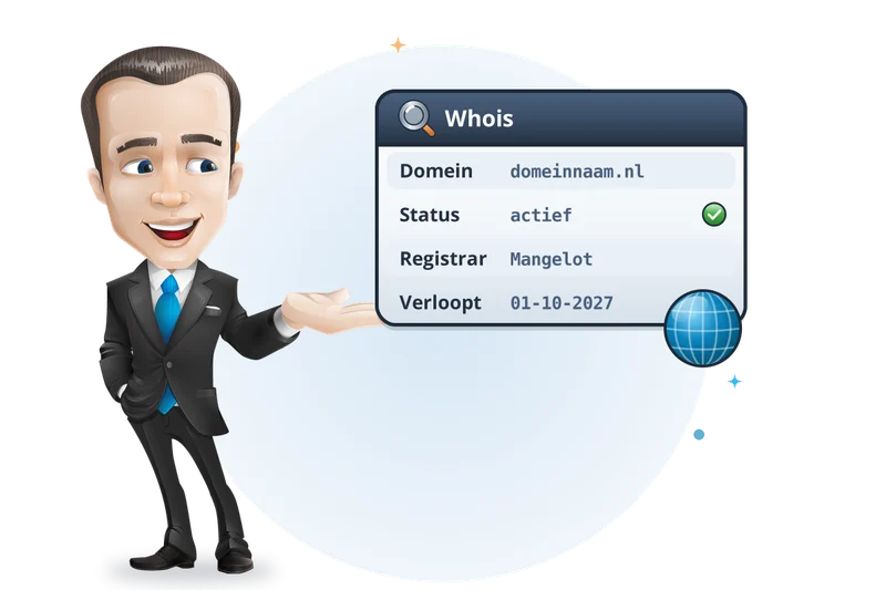 Mascotte van Mangelot Hosting presenteert een whois-kaart met domein, status, registrar en vervaldatum