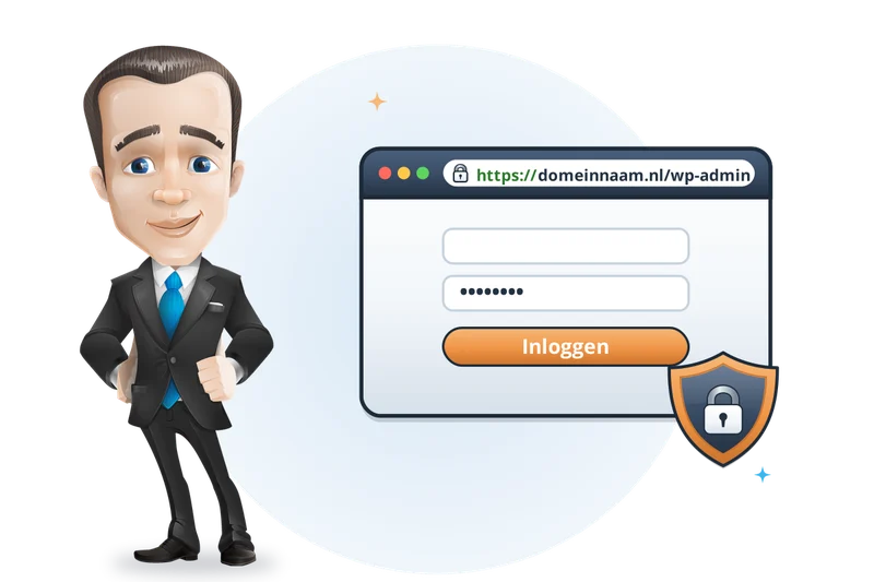 Mascotte van Mangelot Hosting met de handen in de zij naast een beveiligde inlogpagina en een schild