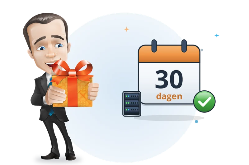 Mascotte van Mangelot Hosting met een cadeau naast een kalender met 30 dagen