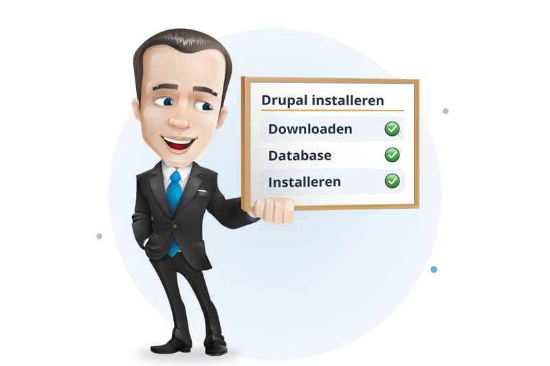 Mascotte van Mangelot Hosting presenteert de installatie van Drupal in drie stappen: downloaden, database en installeren
