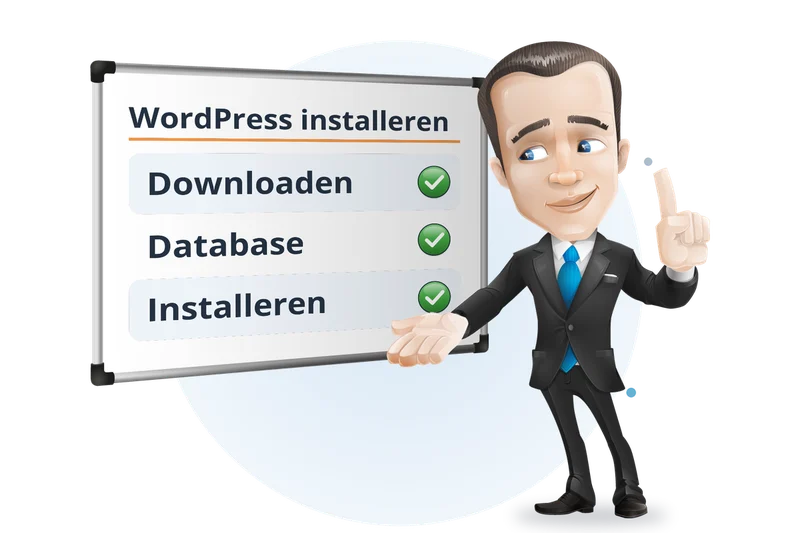 Mascotte van Mangelot Hosting presenteert de installatie van WordPress in drie stappen: downloaden, database en installeren