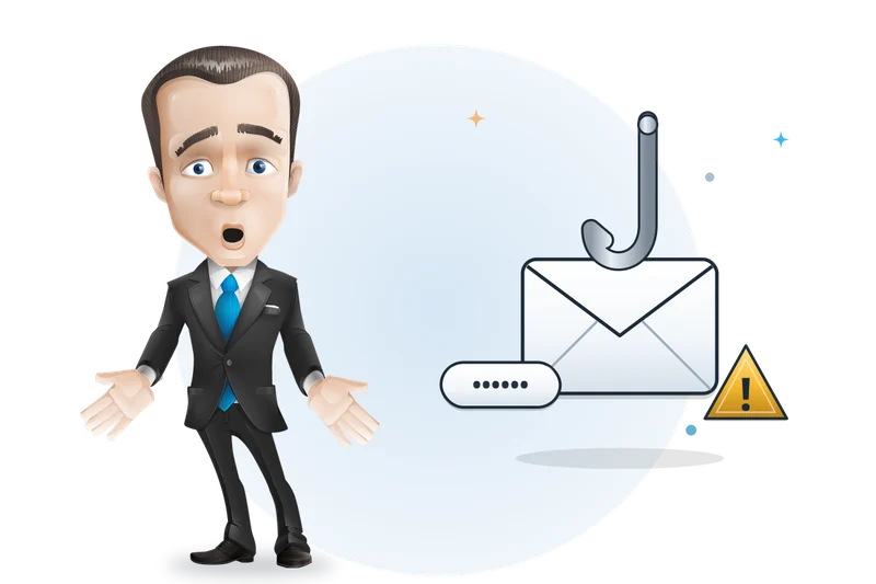 Mascotte van Mangelot Hosting schrikt van een phishingmail aan een vishaak