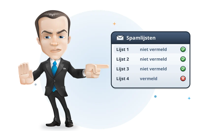 Mascotte van Mangelot Hosting houdt zijn hand op naast een controlelijst van spamlijsten