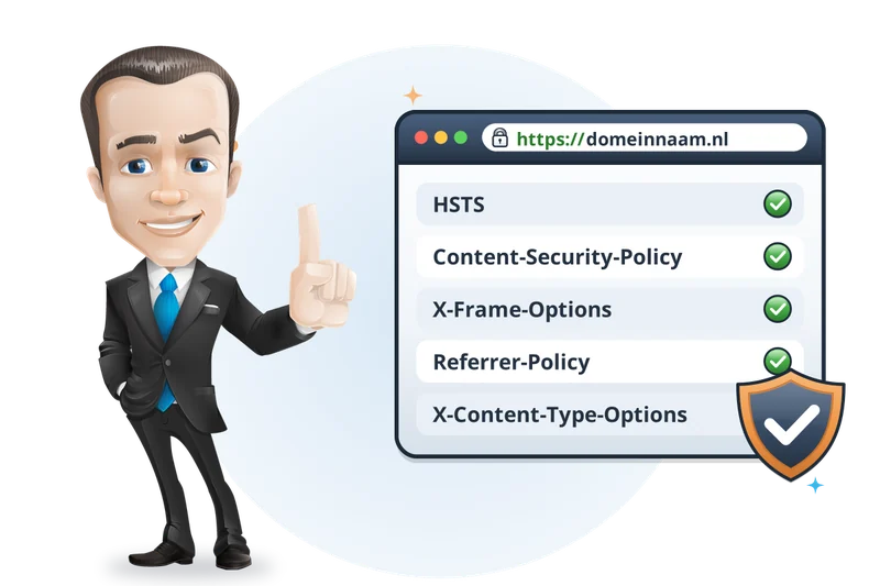 Mascotte van Mangelot Hosting wijst omhoog naast een browser met gecontroleerde securityheaders