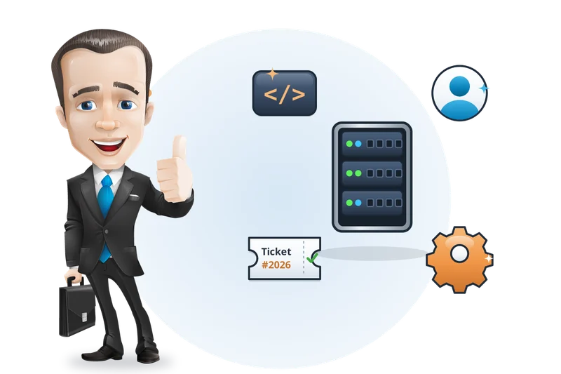 Mascotte van Mangelot Hosting met aktetas en duim omhoog, omringd door server, code en headset