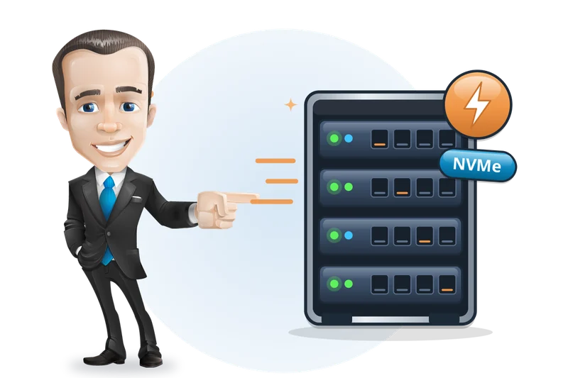 Mascotte van Mangelot Hosting wijst naar een serverkast met NVMe-opslag