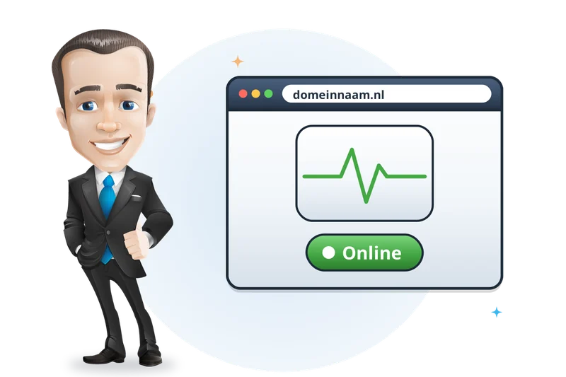 Mascotte van Mangelot Hosting naast een browser die laat zien dat de website online is